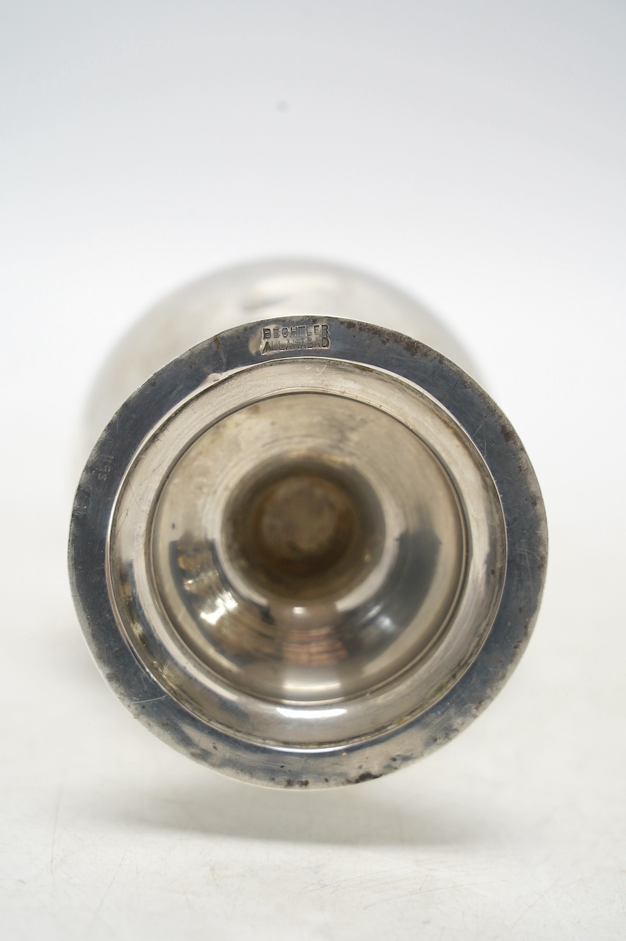 A George V silver inverted pear shaped pedestal sugar caster, Charles Stuart Harris & Sons, London, 1911, 21.6cm, 6.5oz. Condition - fair
